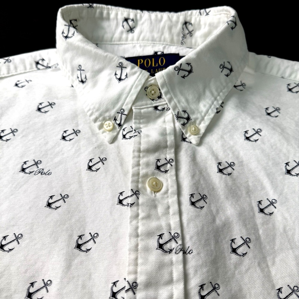 Ralph Lauren POLO Oxford Button Up Down Shirt L Anchor Pony Logo Short Sleeve